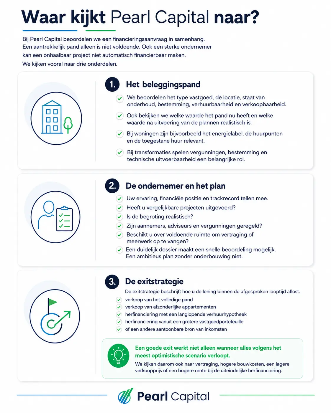 Waar Pearl Capital naar kijkt bij de beoordeling: het beleggingspand, de ondernemer en het plan en de exitstrategie