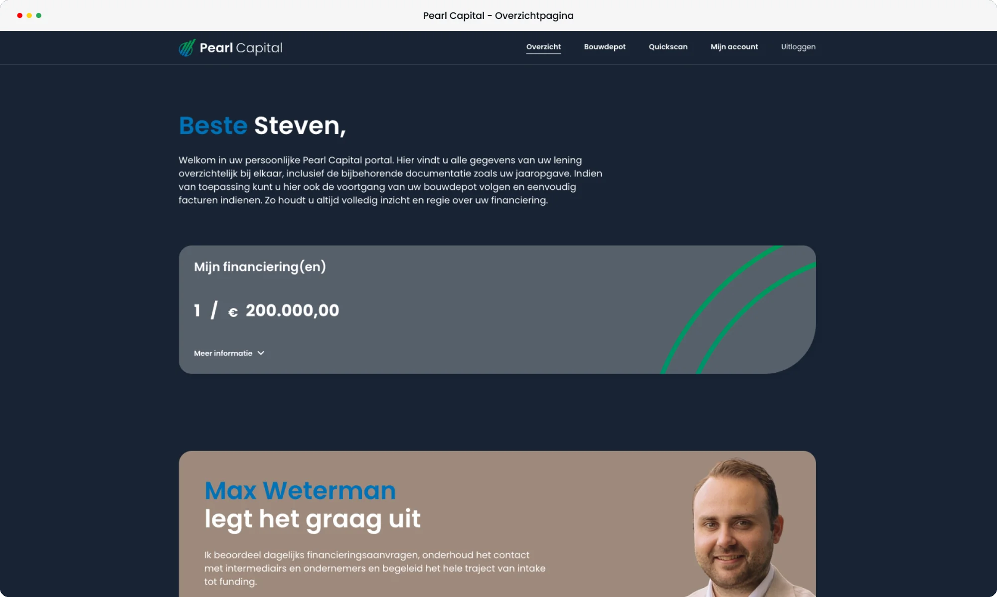 Overzichtspagina van het Pearl Capital klantportaal
