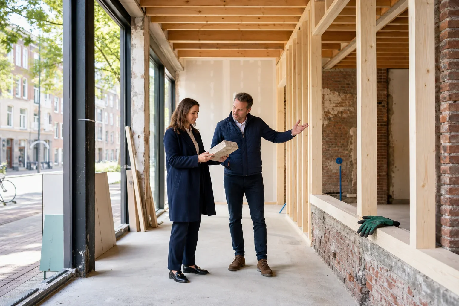 Hoe werkt beleggen in vastgoedfonds bij Pearl Capital?: Two adults—a Pearl Capital adviser and a property professional—stand several metres apart within the space, with the architecture and renovation progress clearly surrounding them.; The