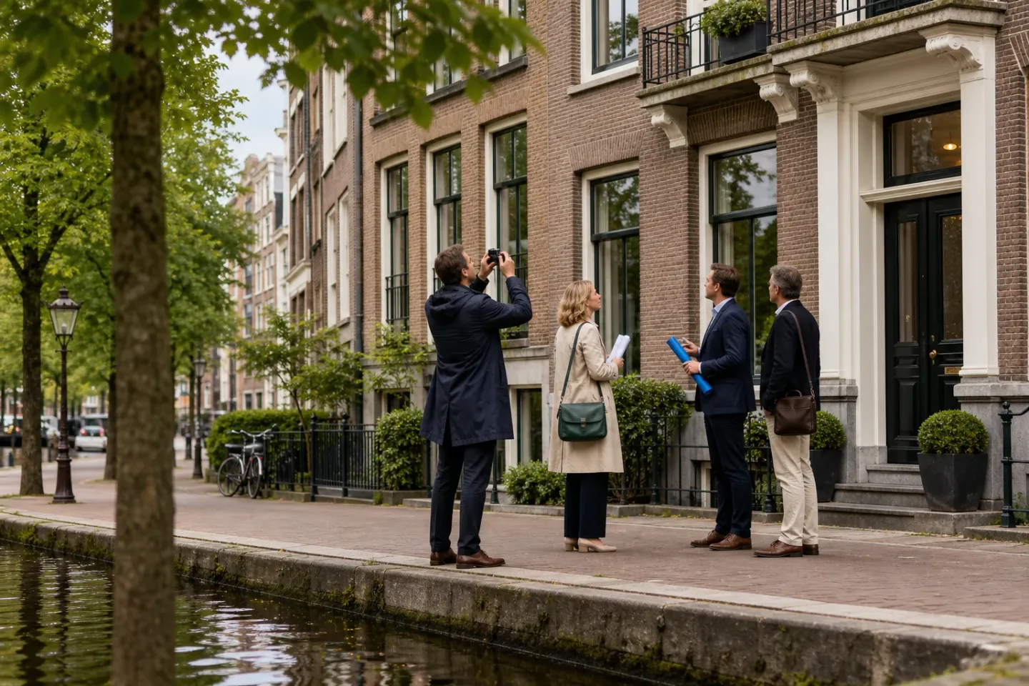 Vastgoed lenen beoordelen: onderpand en financieringsdoel: Vier volwassen professionals vormen een kleine groep op de stoep: twee vastgoedondernemers, een onafhankelijke taxateur en een financieringsadviseur, allen verzorgd en zonder nadru;