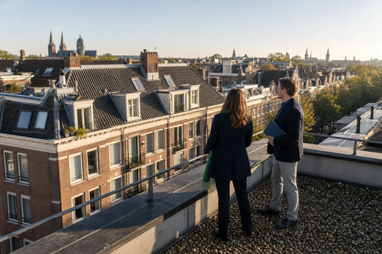 Vastgoedfonds: onderpand, rendement en aandachtspunten: Two adults—a property owner and a Pearl Capital adviser—stand several steps apart beside the parapet, naturally integrated into the rooftop setting rather than facing the camera.; They