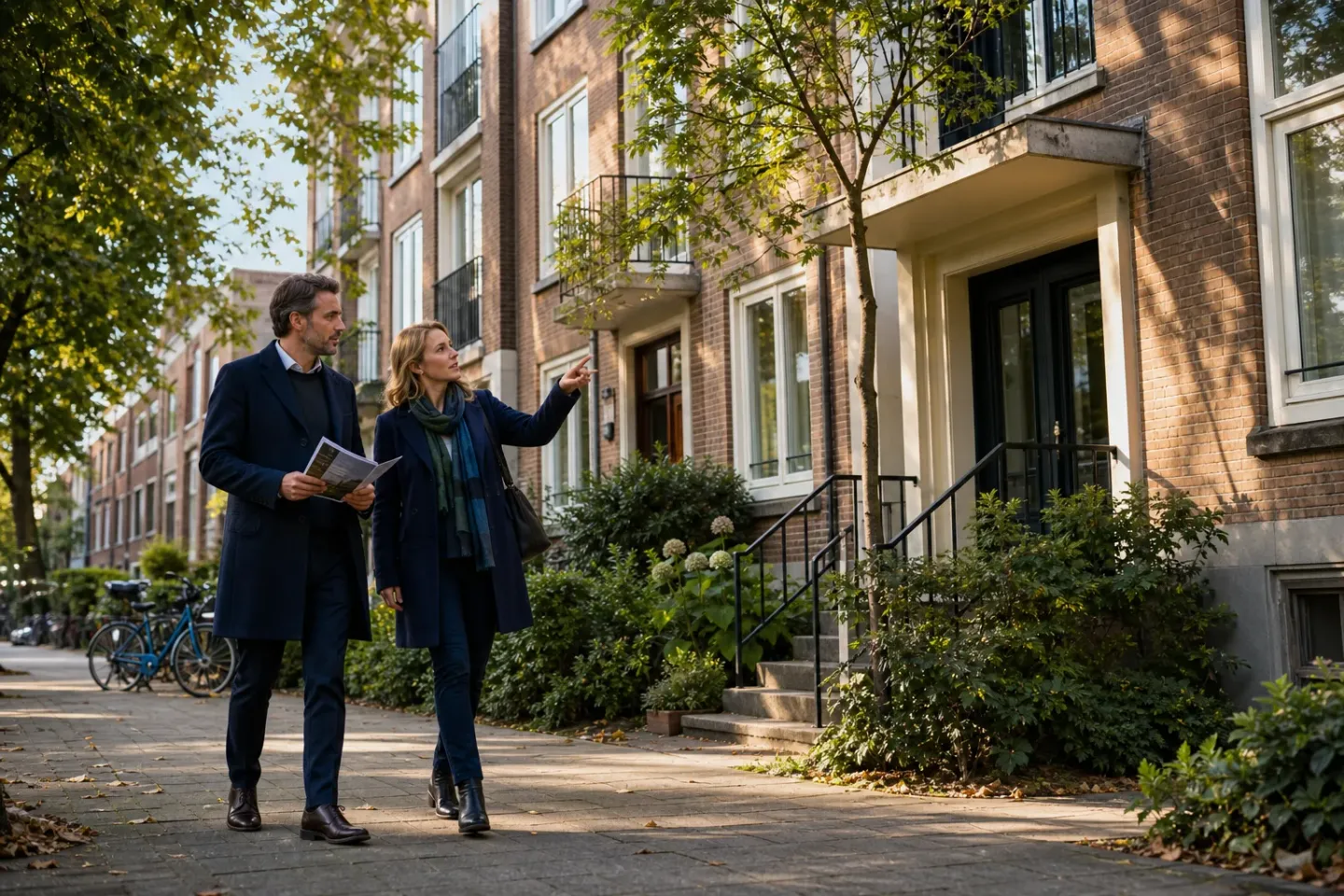 Waar let u op bij investeren in vastgoed rendement?: Two adults—an investor and a property-finance adviser—walk side by side along the pavement, naturally engaged in conversation.; The adviser points subtly towards practical exterior detail