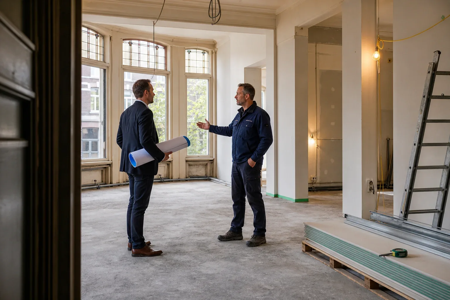 Wanneer past bedrijfsfinanciering bij uw project?: Twee volwassen vastgoedprofessionals staan enkele meters uit elkaar in de open ruimte: één in een sobere zakelijke jas en één in nette werkkleding, natuurlijk gefotografeerd zonder; Zij beo
