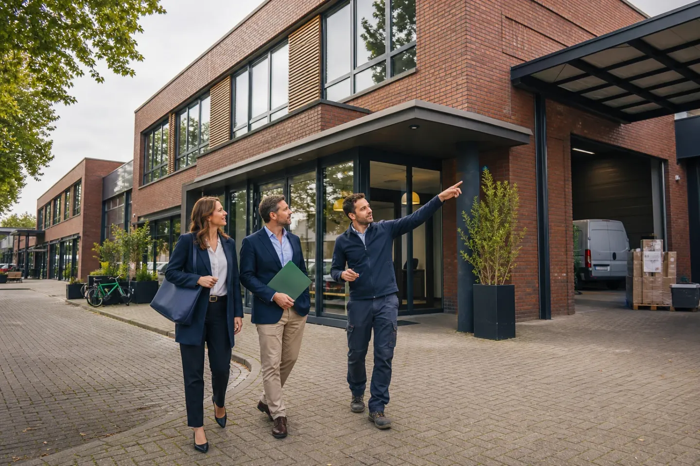 Wat bepaalt of commercieel vastgoed financieren bij uw plan past?: Three adults—a property owner, a Pearl Capital adviser and a building contractor—stand in a loose small group near the entrance, engaged with the building rather than posing