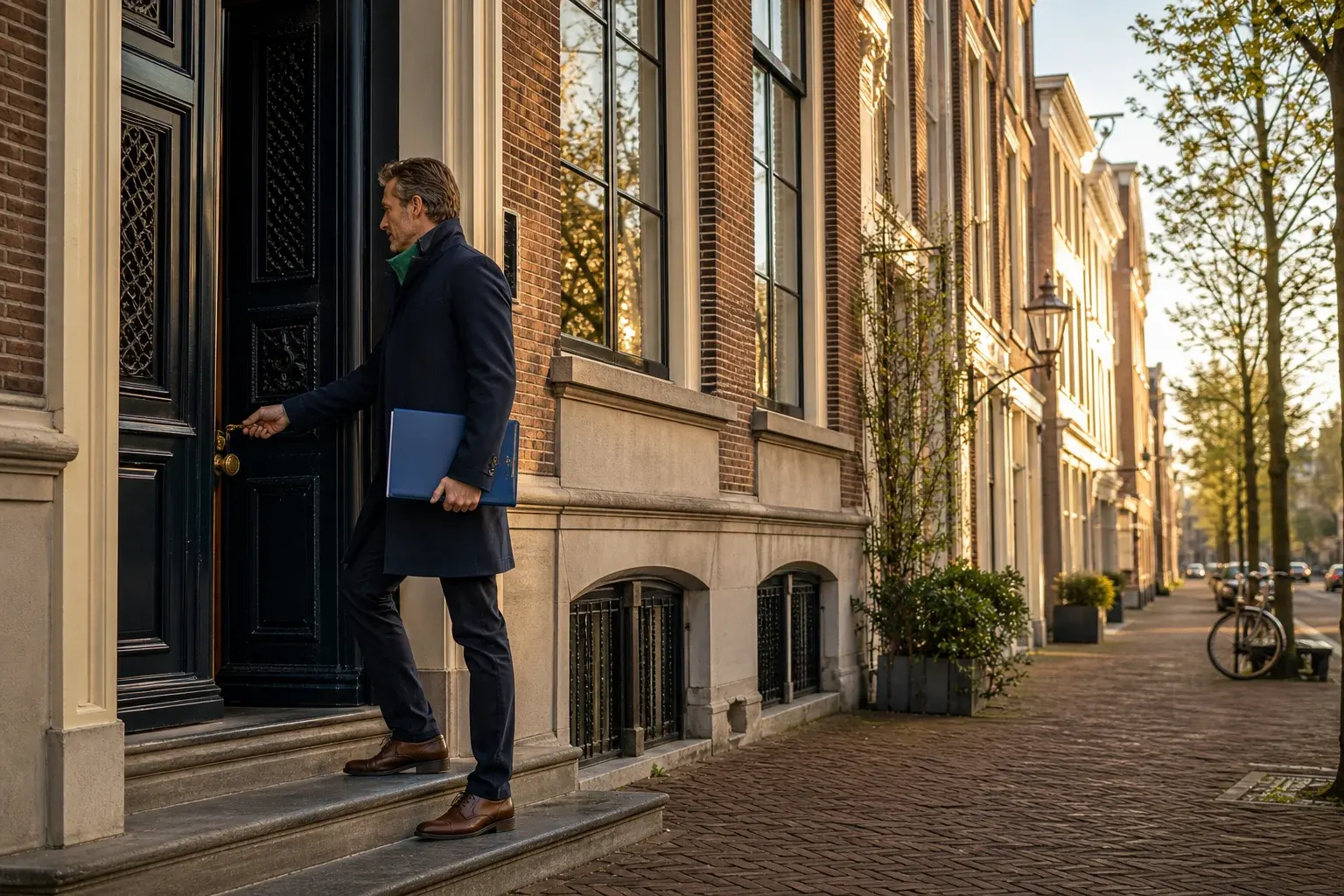 Bedrijfsfinanciering voor vastgoedplannen: Eén volwassen vastgoedprofessional staat alleen bij de entree, verzorgd gekleed in een tijdloze donkere jas zonder herkenbare identiteit of merkuitingen.; De professional opent net de zware voordeu
