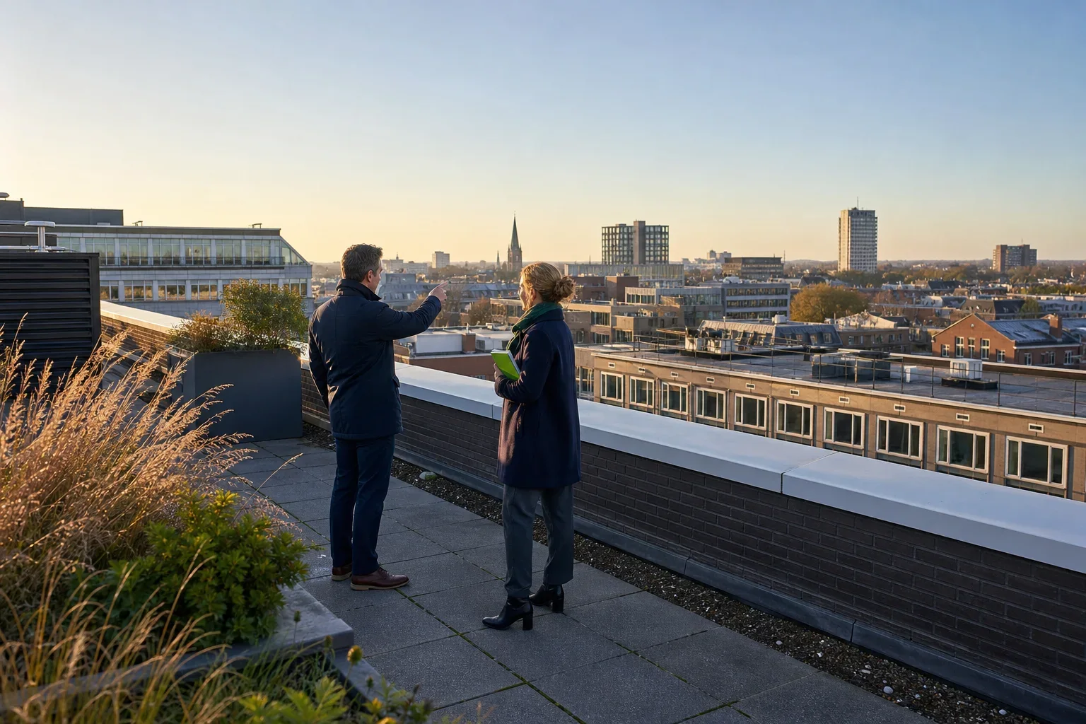Commercieel vastgoed financieren voor aankoop, verbouwing of herfinanciering: Two adults—a commercial property owner and a Pearl Capital adviser—walk several paces apart but in easy conversation, seen as part of the architecture rather than
