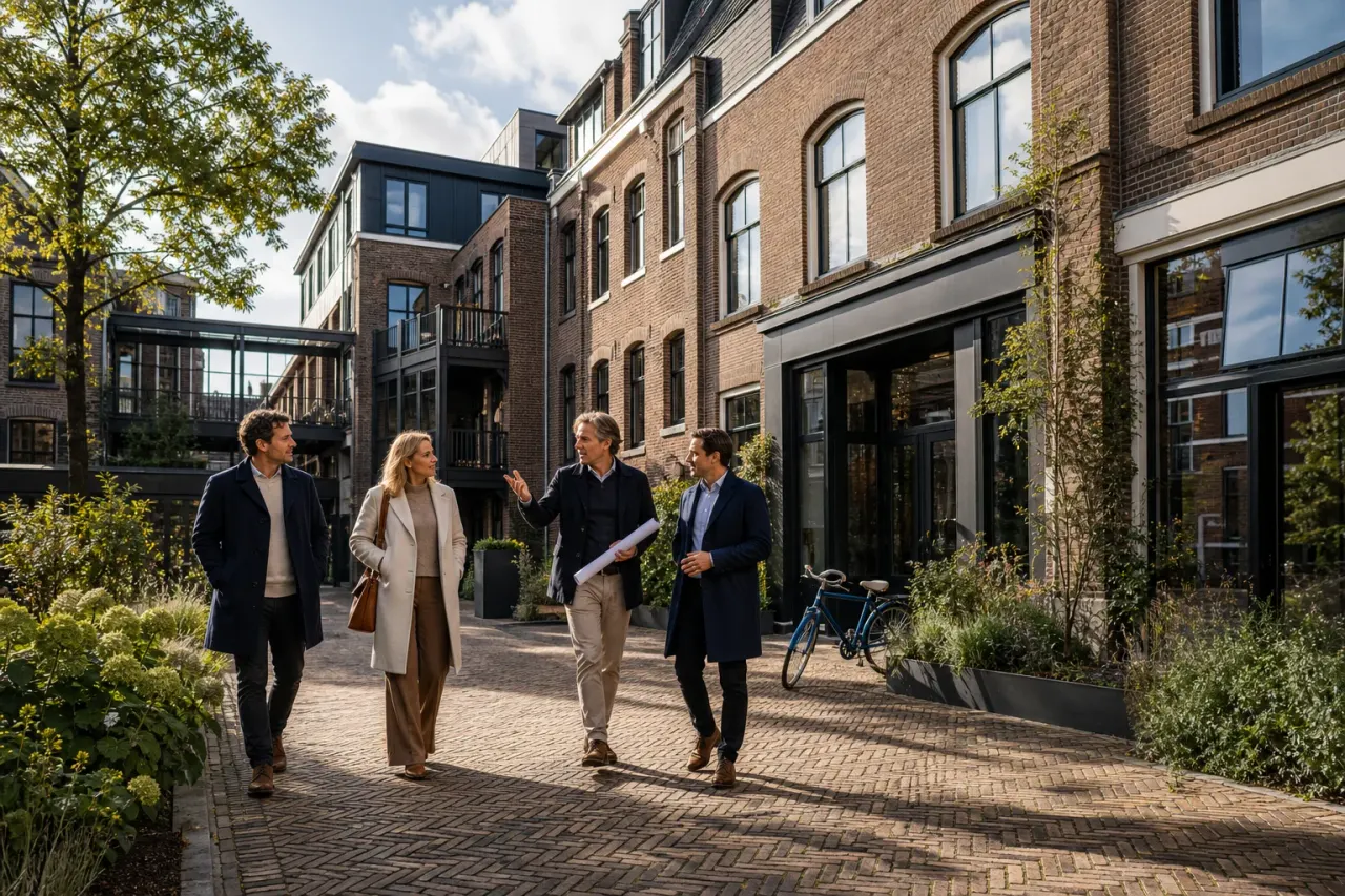 Waarom beleggen in vastgoedfonds via een hypothekenfonds?: Four adults are arranged in a natural walking conversation: a Pearl Capital adviser, a property developer and two prospective investors, with the property remaining visibly central;