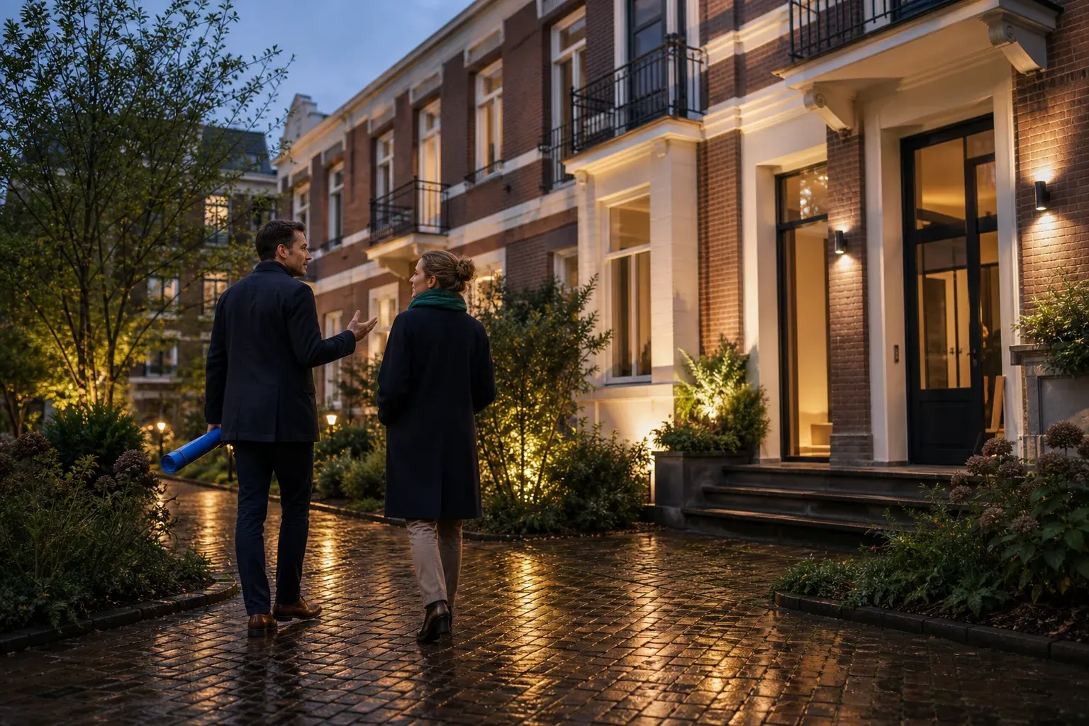 Waarom vastgoedfinancieren om maatwerk vraagt: Twee volwassenen — een vastgoedprofessional en een persoonlijk financieringsadviseur — lopen naast elkaar over het tuinpad, verzorgd gekleed in zakelijke smart-casual kleding en on; Tijdens een