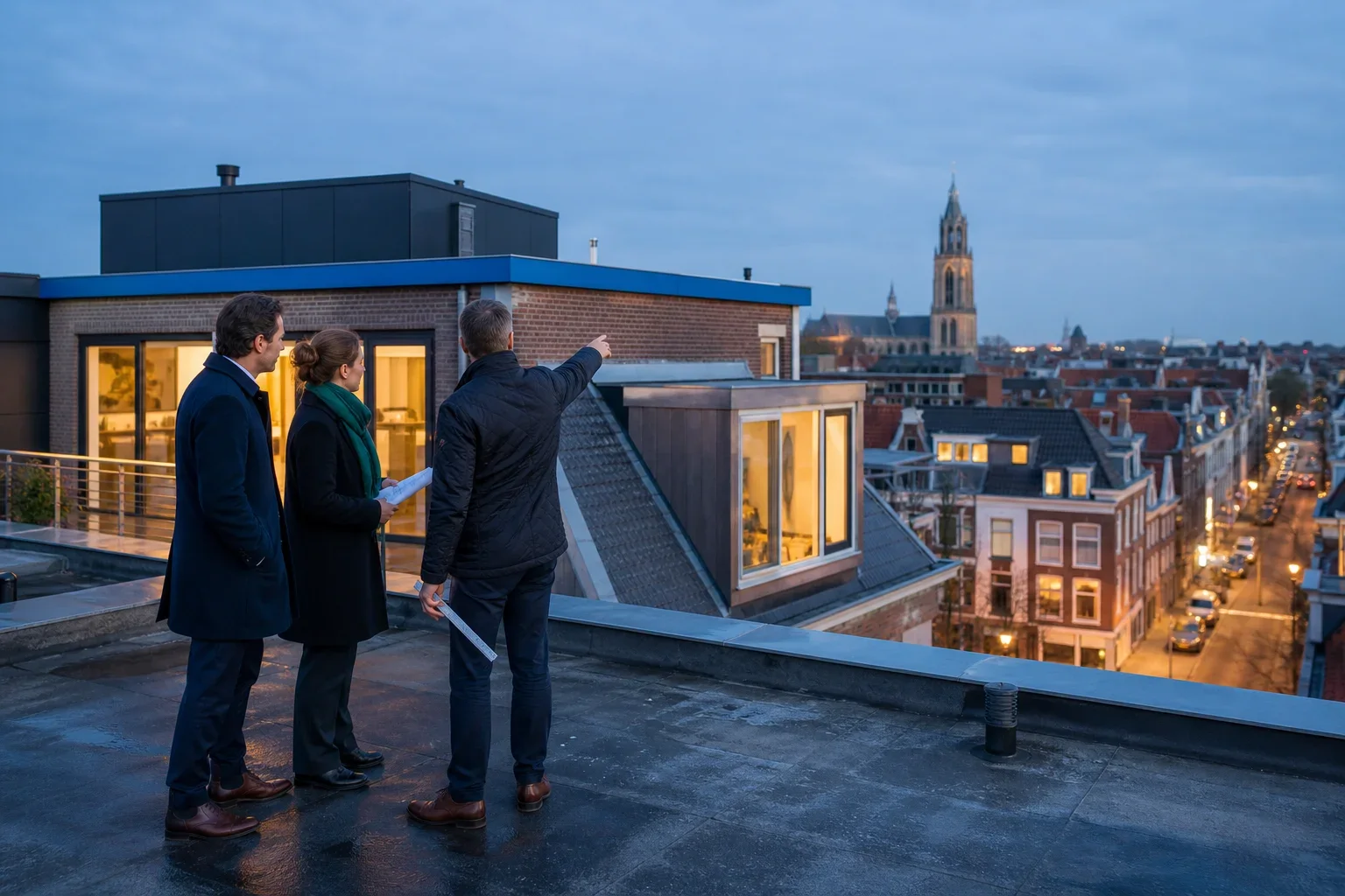 Wanneer vastgoed lenen past bij uw plan: Drie volwassen vastgoedprofessionals staan samen bij de dakrand: een eigenaar of ontwikkelaar, een uitvoerend bouwkundig specialist en een financieringsadviseur, verzorgd gekleed i; Zij lopen langs e