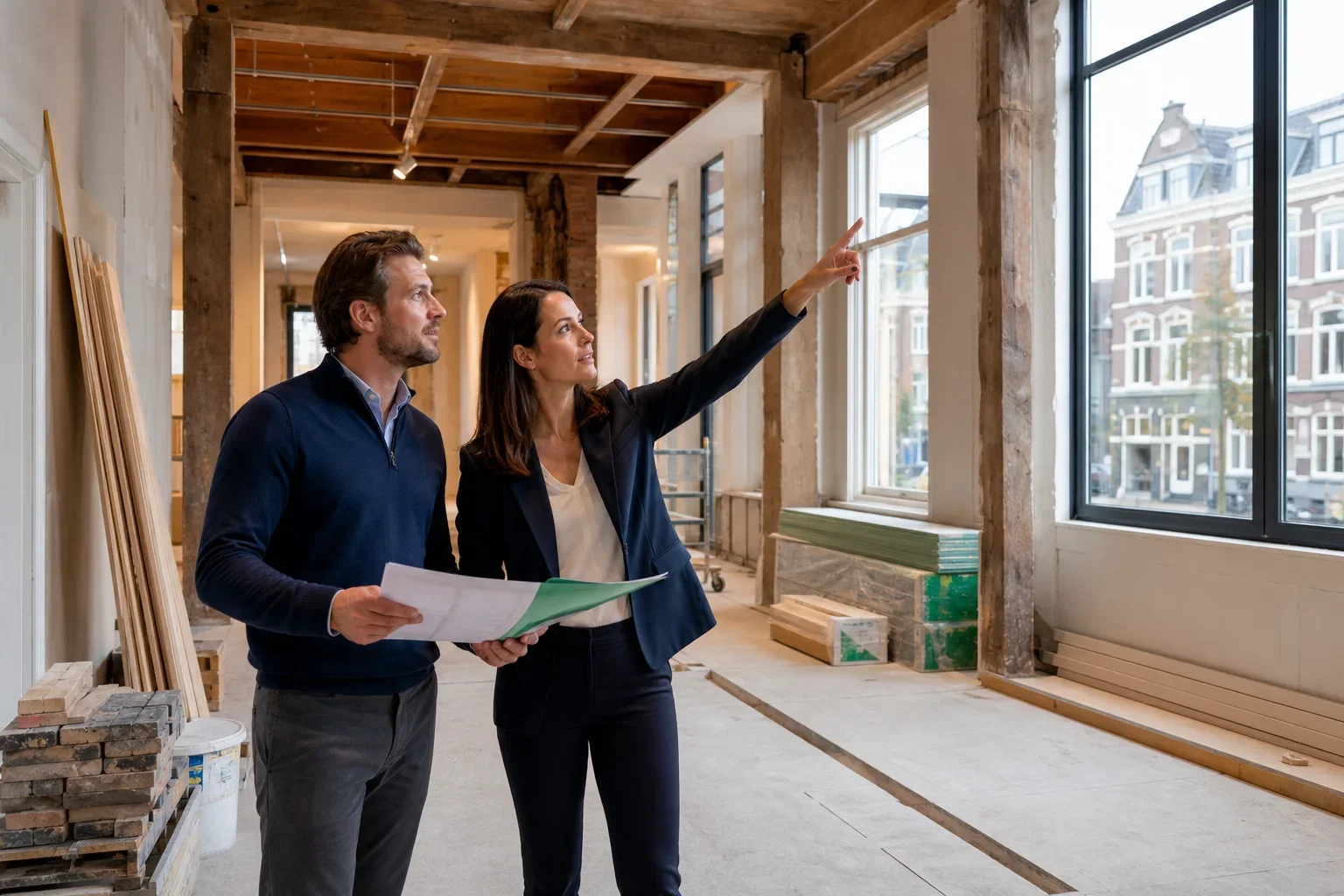 Wat u moet weten over een vastgoedfonds: Two adults—a property professional and a Pearl Capital adviser—stand together in the open interior, naturally positioned within the architecture rather than posed.; They review the physical condition